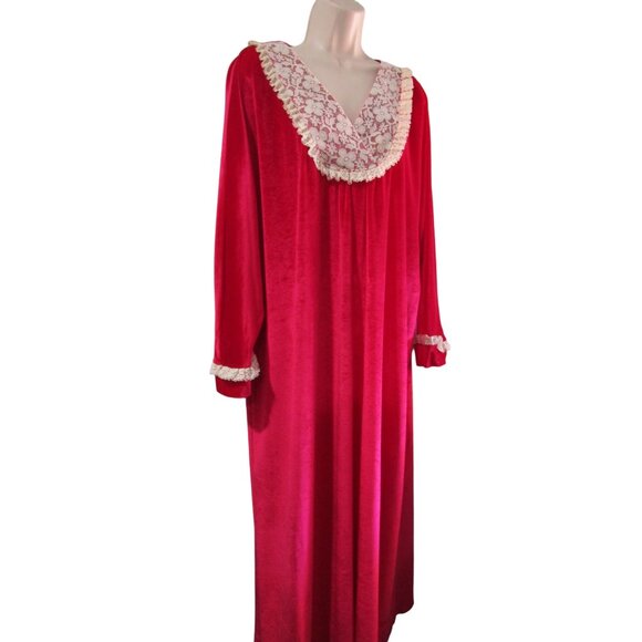 Monte Carlo Raspberry Red Velvet Lace Trim Kaftan House Dress Vintage One Size - Picture 3 of 16